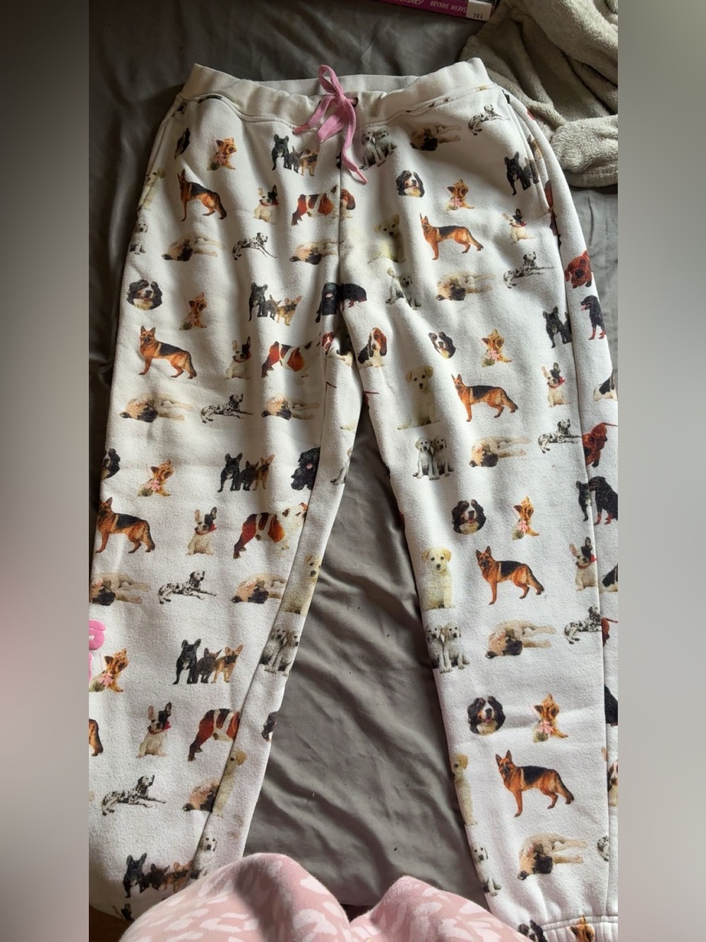 Mens White Dog-Print Pajama Pants with Pink Drawstring